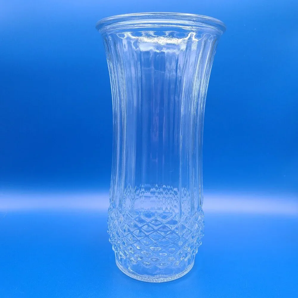 Vintage Hoosier Glass Diamond Point & Ribbed Clear Vase 4089-A 9.75